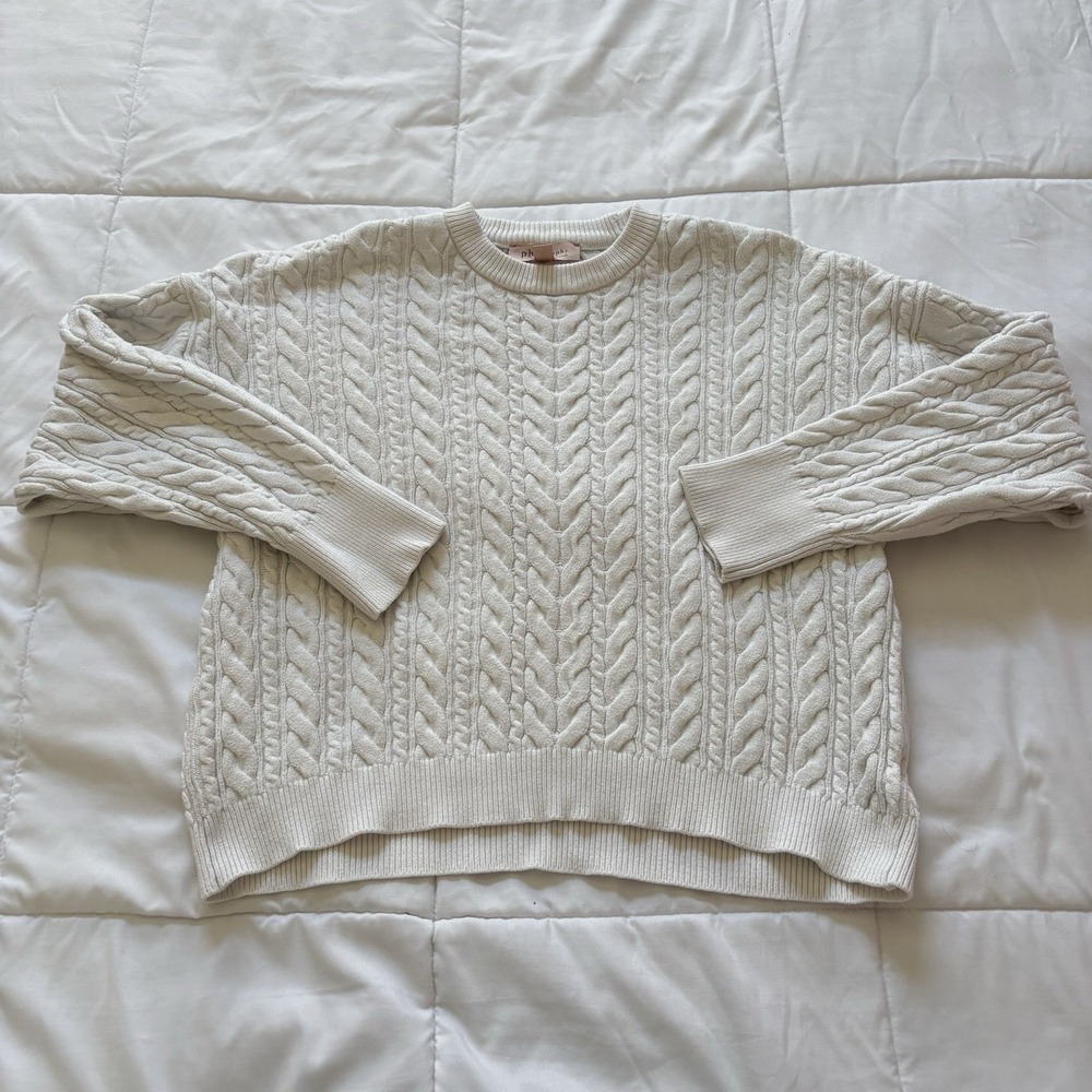 Womens Large‎ White Cable Knit Sweater Feminine Dainty Romantic Coquette Whimsy